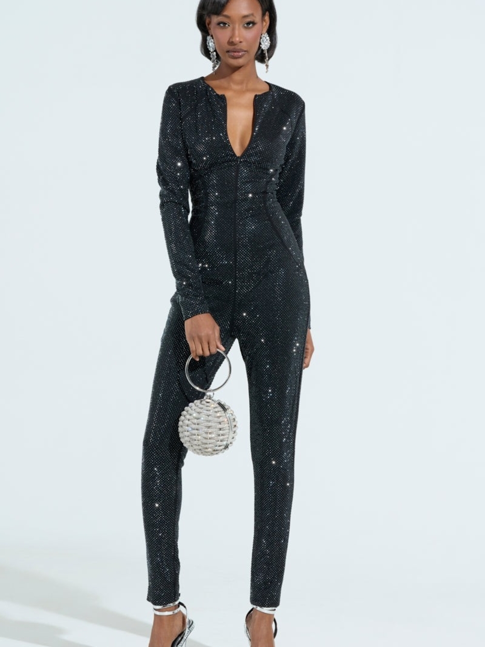 AKIRA Black Sequin Long Sleeve V-Neck Jumpsuit